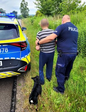 policjant prowadzący starszego mężczyznę do radiowozu za nimi mały czarny piesek