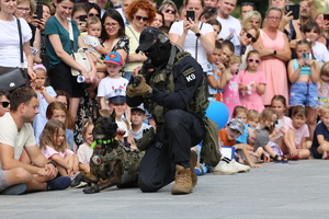 grupa dzieci i dorosłych ogląda pokaz wyszkolenia psa bojowego Benji