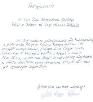 skan listu z podziękowaniami