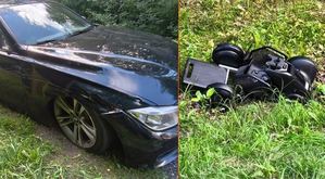 Kolaż zdjęć na których widać zniszczone auto i wózek inwalidzki.