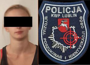 Kolaż zdjęć na których widać zatrzymaną kobietę oraz logo lubelskich poszukiwaczy.
