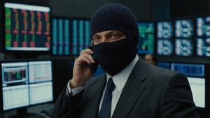 Animacja na której widać zamaskowanego mężczyznę, który rozmawia przez telefon.