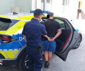 umundurowany policjant wprowadza zatrzymanego do radiowozu