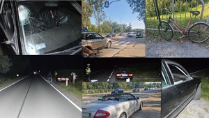 kolaż zdjęć przedstawiający uszkodzone pojazdy oraz miejsca wypadków