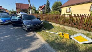 uszkodzony samochód obok leży znak drogowy. Za autem radiowozy