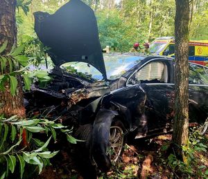 pojazd po zderzeniu z drzewem w lesie, strażacy w tle