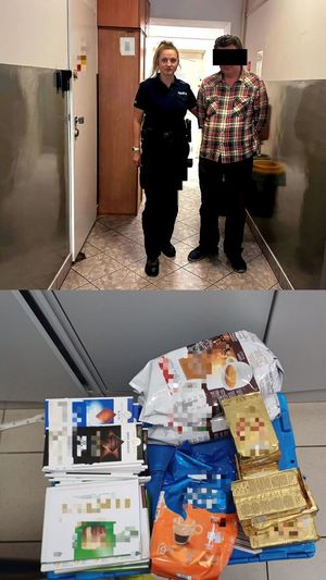 zatrzymany mężczyzna oraz odzyskany skradziony towar