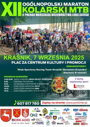 plakat informacyjny XII Ogólnopolskiego Maratonu Kolarskiego MTB o Puchar Marszałka Województwa Lubelskiego Wybieram kolarstwo – wykluczam nałogi