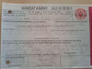 Formularz mandatu karnego z zablurowanymi danymi osobowymi i danymi identyfikacyjnymi