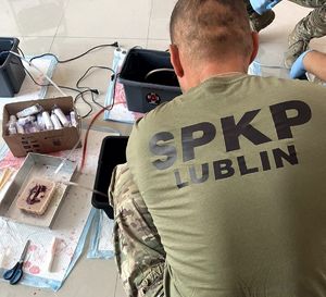 policjant z w koszulce z logo SPKP podczas zajęć praktycznych udziela pomocy