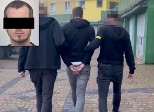kolaż zdjęć przedstawiający policjantów prowadzących zatrzymanego mężczyznę