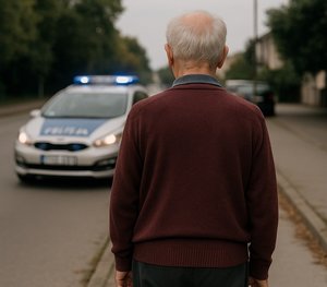 na zdjęciu senior stojący tyłem w tle radiowóz