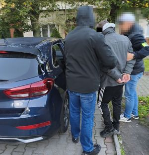 Policjanci prowadzą do radiowozu zatrzymanego mężczyznę.