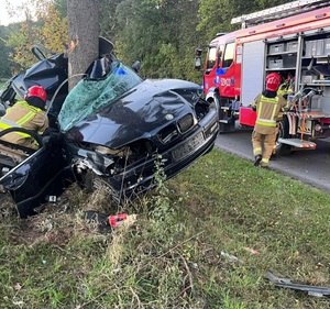 Miejsce wypadku drogowego. Pojazdy służb zabezpieczających miejsce zdarzenia.