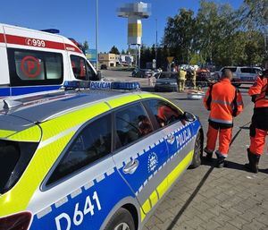 policyjny radiowóz, w tle strażacy w czasie pokazu gaszenia pożaru