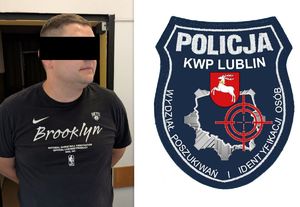 zatrzymany poszukiwany mężczyzna i naszywka na mundur Wydziału poszukiwań i Identyfikacji Osób KWP w Lublinie