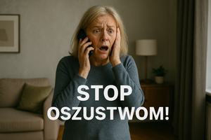 grafika internetowa przedstawiająca kobietę z przerażoną twarzą i telefonem przy uchu. Napis Stop Oszustwom