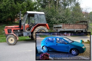 kolaż zdjęć ciągnik rolniczy z przyczepą oraz osobowa Skoda