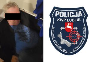 zdjęcie poszukiwanego mężczyzny z zakrytą paskiem twarzą i naszywka Wydziału Poszukiwań i Identyfikacji Osób KWP w Lublinie