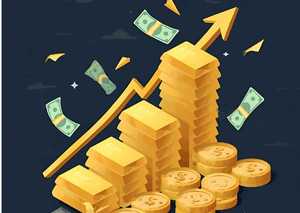 Grafika przedstawiająca złoto w monetach i sztabkach  ułożonych na kształt t wykresu słupowego wskazującego wzrost oraz strzałkę rosnącego do góry tło jest granatowe