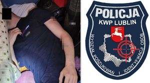 kolaż zdjęć przedstawiający zatrzymanego mężczyznę leżącego za łóżkiem i naszywka Wydziału Poszukiwań i Identyfikacji Osób KWP w Lublinie