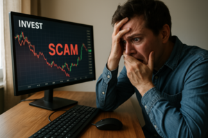 zdjęcie poglądowe, mężczyzna z przerażoną miną siedzący przy komputerze