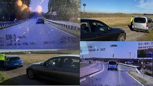 kolaż zdjęć przedstawiający kadry z viderejestratora i policjantów podczas kontroli drogowej