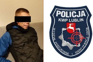 Zatrzymany mężczyzna oraz logo policji.
