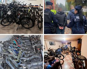 kolarz zdjęć przedstawiający zatrzymane rowery i zatrzymanego mężczyznę prowadzonego przez policjantów