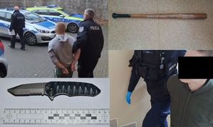 kolaż zdjęć . Prowadzony sprawca rozboju oraz narzędzia, jak kij bejsbolowy i nóż