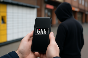 telefon komórkowy w dłoni na tle paczkomatu