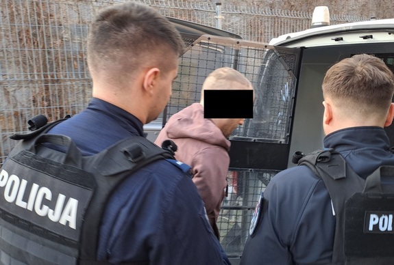 policjanci wprowadzający zatrzymanego do okratowanego radiowozu