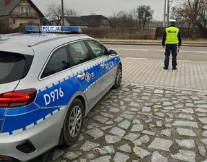 policjant stoi przy drodze, obok radiowóz