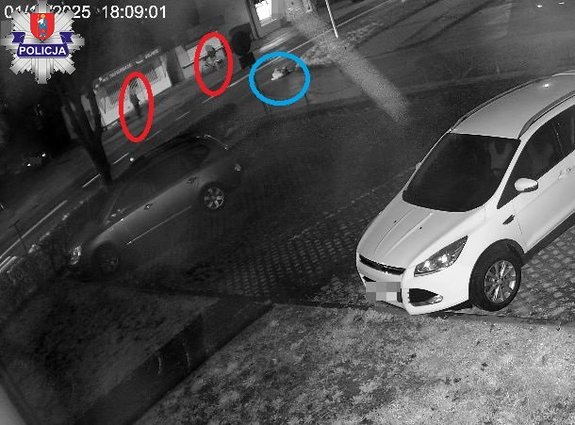 zdjęcie z nagrania z monitoringu, lezący na jezdni mężczyzna i inni uczestnicy ruchu