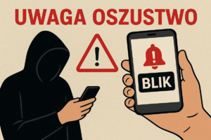 grafika z napisem Uwaga oszustwo