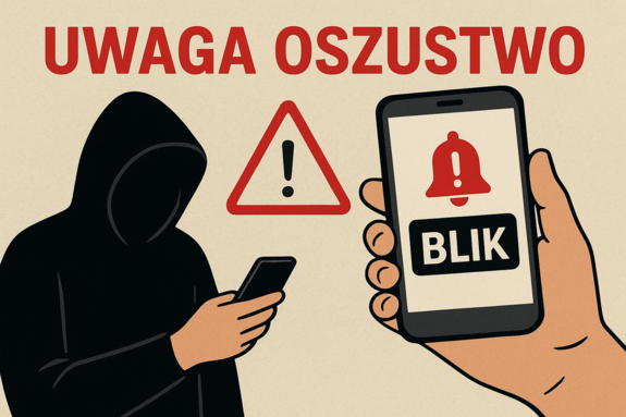 grafika z napisem Uwaga oszustwo