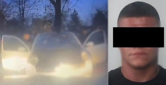 kolaż zdjęć z zatrzymania poszukiwanego 26 latka. Obok zatrzymany z czarnym paskiem na oczach.