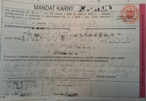 wypełniony blankiet mandatu karnego