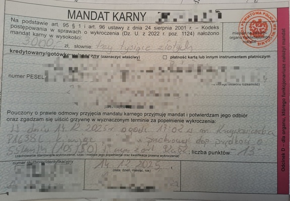wypełniony blankiet mandatu karnego