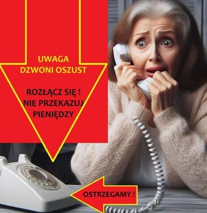 zdjęcie poglądowe. Seniorka ze słuchawką przy uchu z przerażoną miną. Obok ostrzeżenie na temat oszustw
