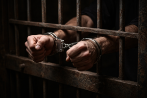 ręce w kajdankach za kratami na ciemnym tle