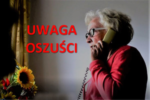 Zdjęcie przedstawiające starszą kobietę w czerwonym swetrze z napisem uwaga oszuści