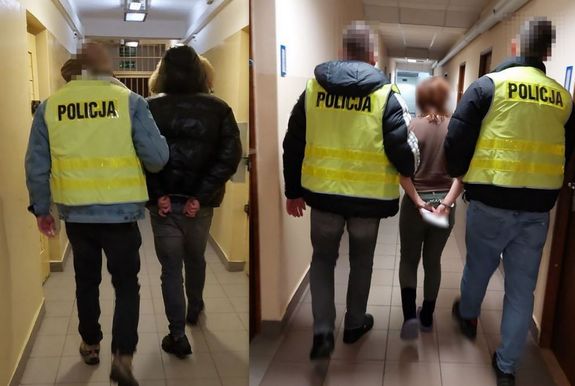 kolaż zdjęć z zatrzymanymi osobami i policjantami
