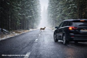 sarna na drodze, przed nią policjant