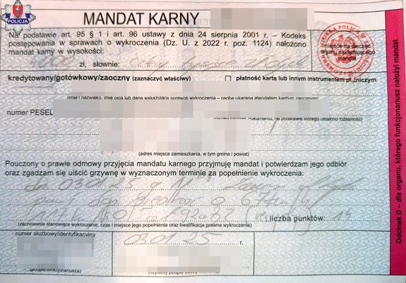 wypełniony blankiet mandatu karnego