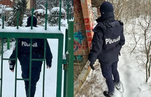 kolaż dwóch zdjęć. Policjantka sprawdza pustostany i altany działkowe