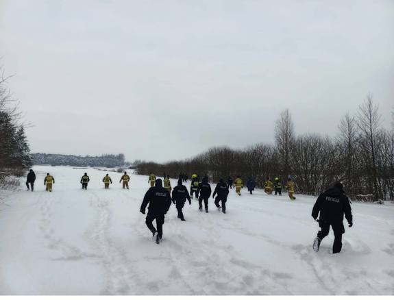 funkcjonariusze idą polem, poszukują zaginionej kobiety