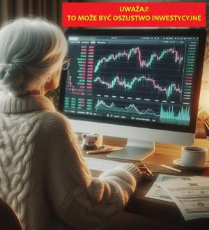 grafika komputerowa. Seniorka siedząca przed ekranem z wykresem inwestycji