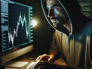 grafika przedstawiająca mężczyznę przed ekranem komputera