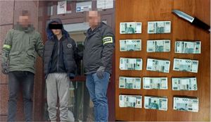 kolaż zdjęć, policjanci z zatrzymanym mężczyzną, pieniądze polskie złote i nóż
